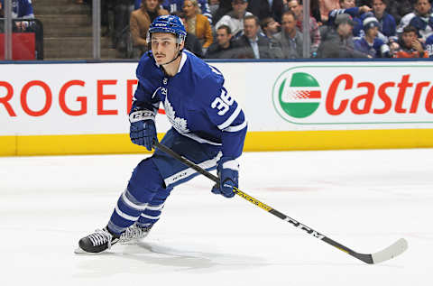 TORONTO, ON – JANUARY 06: Mason Marchment #36 of the Toronto Maple Leafs skates against the Edmonton Oilers during an NHL game at Scotiabank Arena on January 6, 2020 in Toronto, Ontario, Canada. The Oilers defeated the Maple Leafs 6-4. (Photo by Claus Andersen/Getty Images)