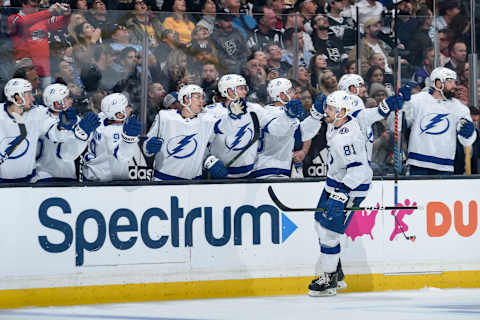 LOS ANGELES, CA – JANUARY 29: Erik Cernak #81 of the Tampa Bay Lightning celebrates his goal with teammates during the third period against the Los Angeles Kings at STAPLES Center on January 29, 2019 in Los Angeles, California. (Photo by Adam Pantozzi/NHLI via Getty Images)