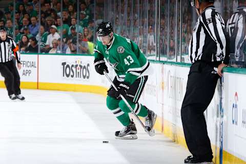 DALLAS, TX – APRIL 14: Valeri Nichushkin #43 of the Dallas Stars handles the puck against the Minnesota Wild in Game One of the Western Conference Quarterfinals during the 2016 NHL Stanley Cup Playoffs at the American Airlines Center on April 14, 2016 in Dallas, Texas. (Photo by Glenn James/NHLI via Getty Images)