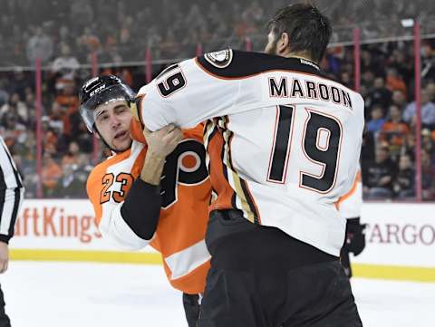 Feb 9, 2016; Philadelphia, PA, USA; Philadelphia Flyers defenseman Brandon Manning (23) and Anaheim Ducks left wing Patrick Maroon (19) fight during the second period at Wells Fargo Center. Mandatory Credit: Eric Hartline-USA TODAY Sports