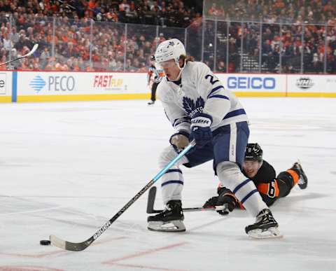 PHILADELPHIA, PENNSYLVANIA – NOVEMBER 02: Kasperi Kapanen #24 of the Toronto Maple Leafs moves around Travis Sanheim #6 of the Philadelphia Flyers and scores at 5:55 of the first period at the Wells Fargo Center on November 02, 2019 in Philadelphia, Pennsylvania. (Photo by Bruce Bennett/Getty Images)