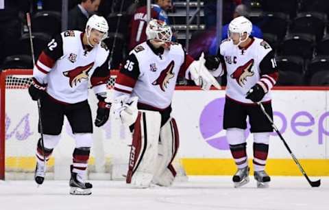 Nov 8, 2016; Denver, CO, USA; Arizona Coyotes goalie Louis Domingue (35) and center Tyler Gaudet (32) and right wing Shane Doan (19) celebrate the win over the Colorado Avalanche 4-2 at Pepsi Center. Mandatory Credit: Ron Chenoy-USA TODAY Sports