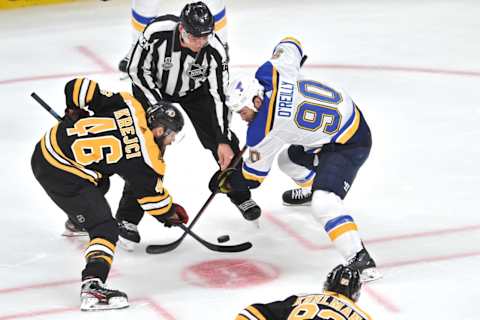 BOSTON, MA – JUNE 12: Boston Bruins center David Krejci (46) tries to beat St. Louis Blues center Ryan O’Reilly (90) on the face off. During Game 7 of the Stanley Cup Finals featuring the Boston Bruins against the St. Louis Blues on June 12, 2019 at TD Garden in Boston, MA. (Photo by Michael Tureski/Icon Sportswire via Getty Images)