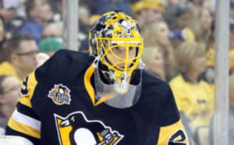 May 1, 2017; Pittsburgh, PA, USA; Pittsburgh Penguins goalie Marc-Andre Fleury (29) looks on against the Washington Capitals during the first period in game three of the second round of the 2017 Stanley Cup Playoffs at the PPG PAINTS Arena. Mandatory Credit: Charles LeClaire-USA TODAY Sports