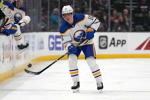 Feb 15, 2023; Anaheim, California, USA; Buffalo Sabres defenseman Henri Jokiharju (10) handles the puck against the Anaheim Ducks in the first period at Honda Center. Mandatory Credit: Kirby Lee-USA TODAY Sports