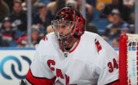 BUFFALO, NY – NOVEMBER 14: Petr Mrazek #34 of the Carolina Hurricanes tends goal during an NHL game against the Buffalo Sabres on November 14, 2019 at KeyBank Center in Buffalo, New York. (Photo by Bill Wippert/NHLI via Getty Images)