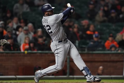 SAN FRANCISCO, CA – SEPTEMBER 26: Franmil Reyyes #32 of the San Diego Padres bats against the San Francisco Giants in the top of the eighth inning at AT&T Park on September 26, 2018 in San Francisco, California. (Photo by Thearon W. Henderson/Getty Images)