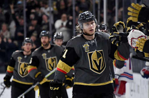 LAS VEGAS, NV – JANUARY 07: William Karlsson #71 of the Vegas Golden Knights celebrates with teammates on the bench after he scored a goal against the New York Rangers in the third period of their game at T-Mobile Arena on January 7, 2018, in Las Vegas, Nevada. The Golden Knights won 2-1. (Photo by Ethan Miller/Getty Images)