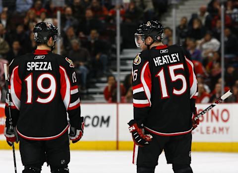 OTTAWA – MARCH 11: Jason Spezza #19 and Dany Heatley #15 of the Ottawa Senators stand on the ice during the game against the Tampa Bay Lightning on March 11, 2009 at the Scotiabank Place in Ottawa, Ontario, Canada. (Photo by Phillip MacCallum/Getty Images)