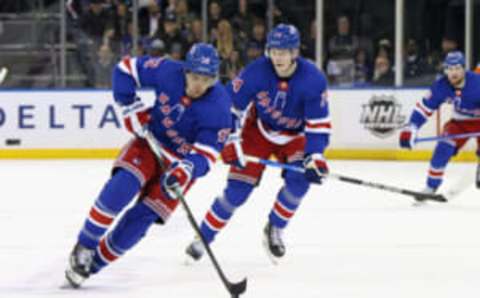 NEW YORK, NEW YORK – FEBRUARY 10: Filip Chytil #72 and Vitali Kravtsov #74 of the New York Rangers skates against the Seattle Kraken at Madison Square Garden on February 10, 2023, in New York City. The Rangers defeated the Kraken 6-3. (Photo by Bruce Bennett/Getty Images)