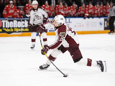 OSHAWA, ON – JANUARY 12: Nick Robertson #16 of the Peterborough Petes s  (Photo by Chris Tanouye/Getty Images)