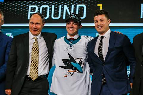 DALLAS, TX – JUNE 22: The San Jose Sharks draft Ryan Merkley in the first round of the 2018 NHL draft on June 22, 2018 at the American Airlines Center in Dallas, Texas. (Photo by Matthew Pearce/Icon Sportswire via Getty Images)