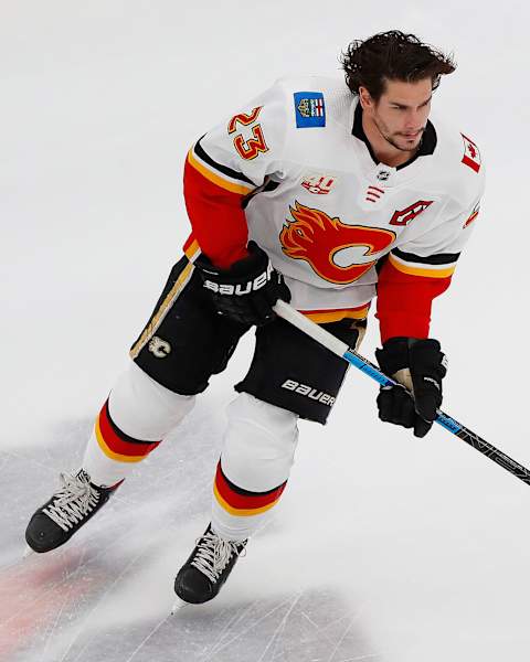 Aug 11, 2020; Edmonton, Alberta, CAN; Calgary Flames forward Sean Monahan (23) skates during warmup against the Dallas Stars during game one of the first round of the 2020 Stanley Cup Playoffs at Rogers Place. Mandatory Credit: Perry Nelson-USA TODAY Sports