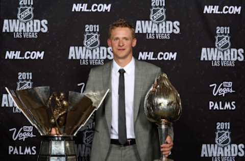 LAS VEGAS, NV – JUNE 22: Corey Perry of the Anaheim Ducks poses after winning the Maurice ‘Rocket’ Richard Trophy and the Hart Memorial Trophy during the 2011 NHL Awards on June 22, 2011, in Las Vegas, Nevada. (Photo by Bruce Bennett/Getty Images)