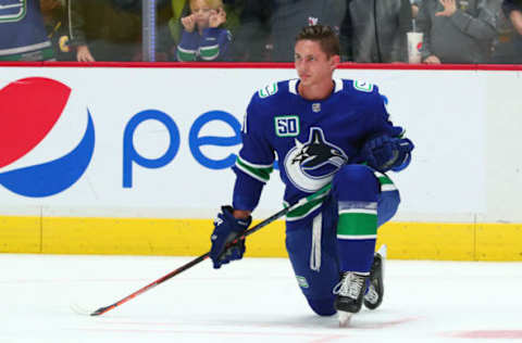 VANCOUVER, BC – SEPTEMBER 25: Vancouver Canucks Defenseman Troy Stecher (51) warms up before their NHL preseason game against the Ottawa Senators at Rogers Arena on September 25, 2019 in Vancouver, British Columbia, Canada. (Photo by Devin Manky/Icon Sportswire via Getty Images)