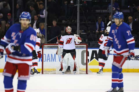 NEW YORK, NEW YORK – APRIL 24: Akira Schmid #40 of the New Jersey Devils celebrates a 3-1 victory over the New York Rangers in Game Four of the First Round of the 2023 Stanley Cup Playoffs at Madison Square Garden on April 24, 2023 in New York, New York. (Photo by Bruce Bennett/Getty Images)