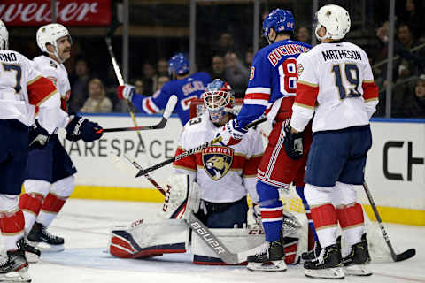 Nov 10, 2019; New York, NY, USA; Florida Panthers goaltender Sam Montembeault (33) reacts after giving up a goal to New York Rangers defenseman Brady Skjei (76) during the second period at Madison Square Garden. Mandatory Credit: Adam Hunger-USA TODAY Sports