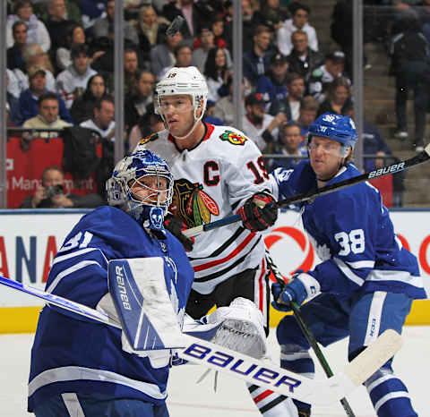 TORONTO, ON – JANUARY 18: Frederik Andersen #31 of the Toronto Maple Leafs keeps an eye on a puck with Jonathan Toews #19 of the Chicago Blackhawks on his doorstep during an NHL game at Scotiabank Arena on January 18, 2020 in Toronto, Ontario, Canada. The Blackhawks defeated the Maple Leafs 6-2. (Photo by Claus Andersen/Getty Images)