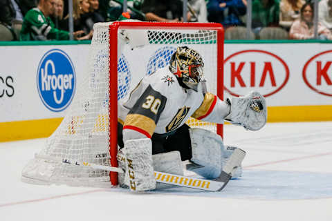 DALLAS, TX – NOVEMBER 25: Vegas Golden Knights goaltender Malcolm Subban (30) makes the save against the Dallas Stars during the game between the Dallas Stars and the Vegas Golden Knights on November 25, 2019 at American Airlines Center in Dallas, Texas. (Photo by Matthew Pearce/Icon Sportswire via Getty Images)