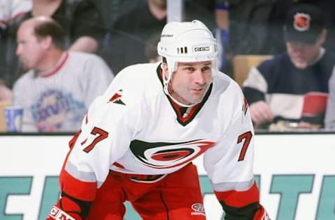 BOSTON, MA – 1990’s: Paul Coffey #77 of the Carolina Hurricanes waits for a face off against the Boston Bruins at the Fleet Center in Boston. (Photo by Steve Babineau/NHLI via Getty Images)