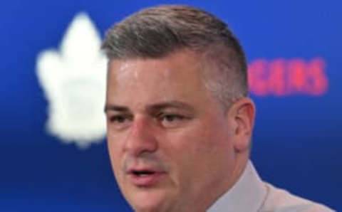 Sheldon Keefe, seen here sporting the requisite sheen of permanent “flop sweat” that every Leafs coach eventually gets. Credit: Dan Hamilton-USA TODAY Sports