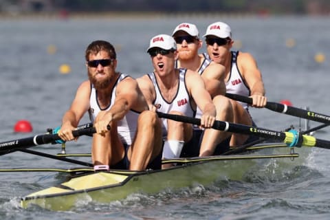 Henrik Rummel, Matthew Miller, Charles Cole, and Seth Weil compete in the Men's Four Semifinal during the Rio 2016 Olympic Games.