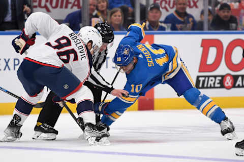 Oct 15, 2022; St. Louis, Missouri, USA; Columbus Blue Jackets center Jack Roslovic (96) take the face-off again St. Louis Blues center Brayden Schenn (10) during the second period at Enterprise Center. Mandatory Credit: Jeff Le-USA TODAY Sports