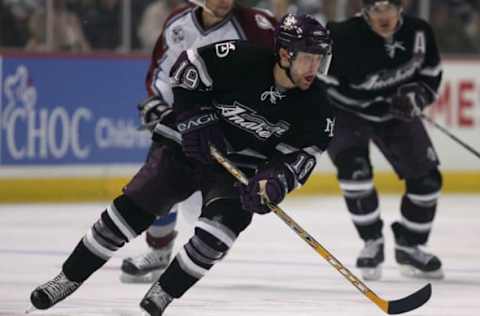 ANAHEIM, CA: Andy McDonald #19 of the Mighty Ducks of Anaheim brings the puck up the ice in the first period against the Colorado Avalanche in game two of the Western Conference Semifinals on May 7, 2006. (Photo by Robert Laberge/Getty Images)