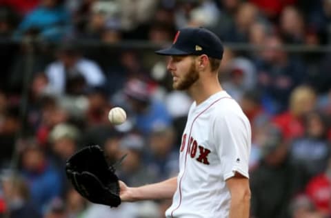 BOSTON MA. – APRIL 9: Chris Sale #41 of the Boston Red Sox flips the ball into his glove after allowing two runs to the Toronto Blue Jays during a Major League Baseball game at Fenway Park on April 9, 2019 in Boston, Massachusetts. (Staff Photo By Nancy Lane/MediaNews Group/Boston Herald via Getty Images)