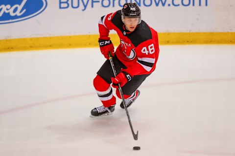 New Jersey Devils defenseman Ty Smith (48) (Photo by Rich Graessle/Icon Sportswire via Getty Images)