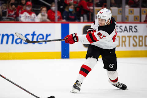 Jesper Bratt #63 of the New Jersey Devils. (Photo by Scott Taetsch/Getty Images)