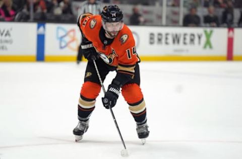 Jan 4, 2023; Anaheim, California, USA; Anaheim Ducks center Adam Henrique (14) reacts against the Dallas Stars in the first period at Honda Center. Mandatory Credit: Kirby Lee-USA TODAY Sports