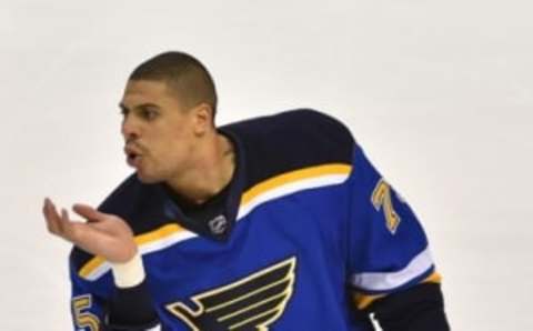 May 3, 2016; St. Louis, MO, USA; St. Louis Blues right wing Ryan Reaves (75) gestures to the Dallas Stars bench during the third period in game three of the second round of the 2016 Stanley Cup Playoffs at Scottrade Center. The St. Louis Blues defeat the Dallas Stars 6-1. Mandatory Credit: Jasen Vinlove-USA TODAY Sports