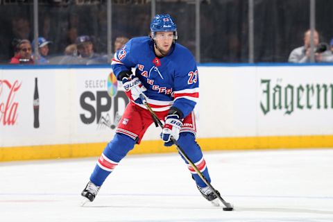 NEW YORK, NY – MARCH 20: Ryan Spooner #23 of the New York Rangers skates with the puck against the Columbus Blue Jackets at Madison Square Garden on March 20, 2018 in New York City. The Columbus Blue Jackets won 5-3. (Photo by Jared Silber/NHLI via Getty Images) *** Local Caption *** Ryan Spooner