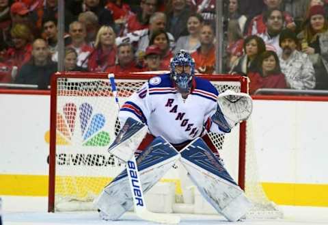 Oct 22, 2016; Washington, DC, USA; New York Rangers goalie Henrik Lundqvist (30) in net against Washington Capitals during the first period at Verizon Center. Mandatory Credit: Brad Mills-USA TODAY Sports