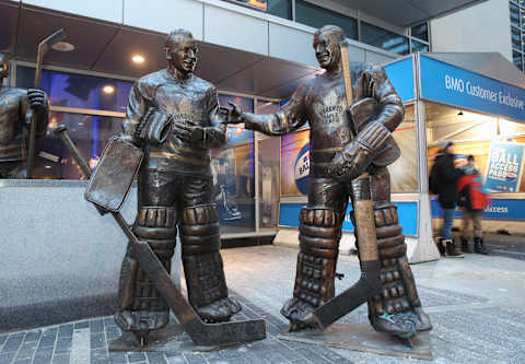 TORONTO, ON – JANUARY 05: Statues of former Toronto Maple Leafs goalies Johnny Bower and Turk Broda  (Photo by Tom Szczerbowski/Getty Images)