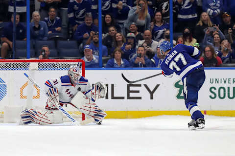 TAMPA, FL – DECEMBER 31: Igor Shesterkin #31 of the New York Rangers makes a save against Victor Hedman #77 of the Tampa Bay Lightning during the shootout period at the Amalie Arena on December 31, 2021 in Tampa, Florida. (Photo by Mike Carlson/Getty Images)