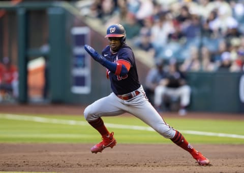 May 6, 2023; Phoenix, Arizona, USA; Washington Nationals base runner Victor Robles attempts to steal second base against the Arizona Diamondbacks in the third inning at Chase Field. Mandatory Credit: Mark J. Rebilas-USA TODAY Sports