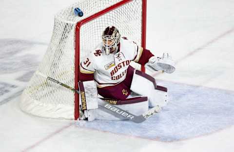 LOWELL, MA – JANUARY 26: Joseph Woll #31 of the Boston College Eagles tends goal against the Massachusetts Lowell River Hawks during NCAA men’s hockey at the Tsongas Center on January 26, 2019 in Lowell, Massachusetts. The game ended in a 4-4 tie. (Photo by Richard T Gagnon/Getty Images)