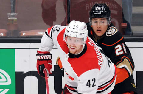 ANAHEIM, CA – DECEMBER 11: Carolina Hurricanes left wing Joakim Nordstrom (42) in action during the third period of a game against the Anaheim Ducks, on December 11, 2017, played at the Honda Center in Anaheim, CA. (Photo by John Cordes/Icon Sportswire via Getty Images)