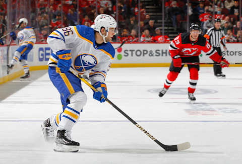 NEWARK, NEW JERSEY – OCTOBER 23: Anders Bjork #96 of the Buffalo Sabres in action against the New Jersey Devils at Prudential Center on October 23, 2021 in Newark, New Jersey. The Devils defeated the Sabres 2-1 in overtime. (Photo by Jim McIsaac/Getty Images)