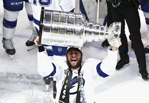 EDMONTON, ALBERTA – SEPTEMBER 28: Tyler Johnson #9 of the Tampa Bay Lightning skates with the Stanley Cup following the series-winning victory over the Dallas Stars in Game Six of the 2020 NHL Stanley Cup Final at Rogers Place on September 28, 2020 in Edmonton, Alberta, Canada. (Photo by Bruce Bennett/Getty Images)