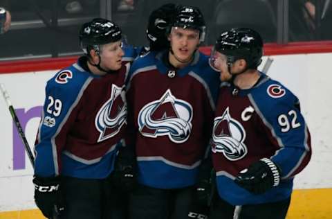 DENVER, CO – NOVEMBER 2: Colorado Avalanche center Nathan MacKinnon (29) and left wing Gabriel Landeskog (92) congratulates Colorado Avalanche right wing Mikko Rantanen (96) on his goal in the second period against the Carolina Hurricanes on November 2, 2017 in Denver, Colorado at Pepsi Center. (Photo by John Leyba/The Denver Post via Getty Images)