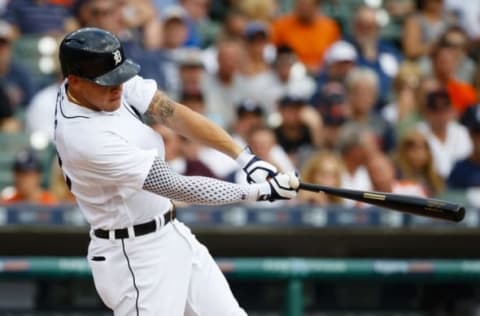 Aug 31, 2016; Detroit, MI, USA; Detroit Tigers center fielder JaCoby Jones (40) hits a double in the fifth inning against the Chicago White Sox at Comerica Park. Mandatory Credit: Rick Osentoski-USA TODAY Sports