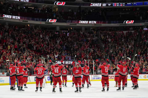 RALEIGH, NC – OCTOBER 06: Carolina Hurricanes players celebrate the Storm Surge after winning the game between the Tampa Bay Lightning and the Carolina Hurricanes at the PNC Arena in Raleigh, NC on October 6, 2019.(Photo by Greg Thompson/Icon Sportswire via Getty Images)