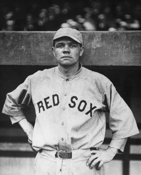 (Original Caption) Babe Ruth wearing the uniform of the Boston Red Sox, the team he played with from 1915 until he joined the Yankees in 1920, Half length photograph.