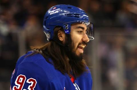 NEW YORK, NEW YORK – APRIL 19: Mika Zibanejad #93 of the New York Rangers directs his teammates before a face off against the Winnipeg Jets during the first period at Madison Square Garden on April 19, 2022, in New York City. (Photo by Elsa/Getty Images)