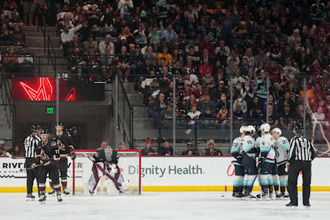 Apr 10, 2023; Tempe, Arizona, USA; Seattle Kraken goal against the Arizona Coyotes. Mandatory Credit: Joe Camporeale-USA TODAY Sports