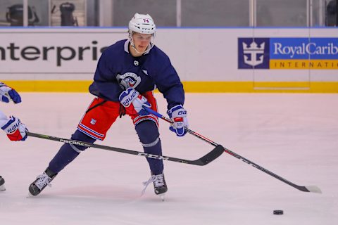 NEW YORK, NY – JUNE 29: New York Rangers Right Wing Vitali Kravtsov (74) skates during New York Rangers Prospect Development Camp on June 29, 2018 at the MSG Training Center in New York, NY. (Photo by Rich Graessle/Icon Sportswire via Getty Images)