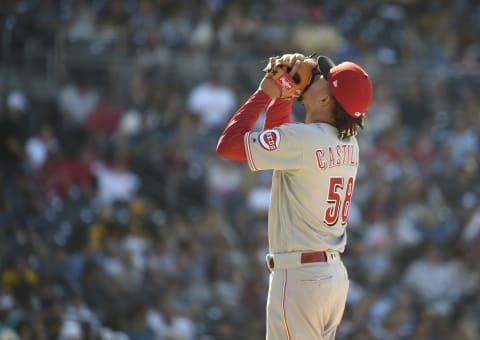 SAN DIEGO, CA – JUNE 3: Luis Castillo #58 of the Cincinnati Reds leaves the game in the fifth inning of a baseball game against the San Diego Padres at PETCO Park on June 3, 2018 in San Diego, California. (Photo by Denis Poroy/Getty Images)